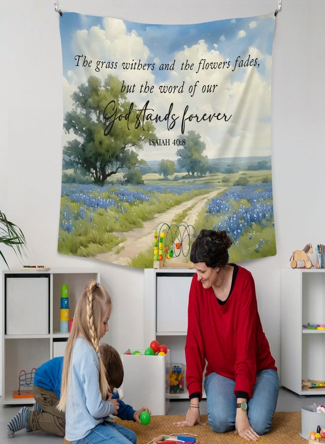 XLDLIOO Christian Wall Tapestry, Bible Verse Isaiah 40:8 Wall Tapestry Hanging for Bedroom, Farmhouse Blue Wildflower Religious Tapestries Decor Art for Home Living Room Church, 50x60in - Image 4